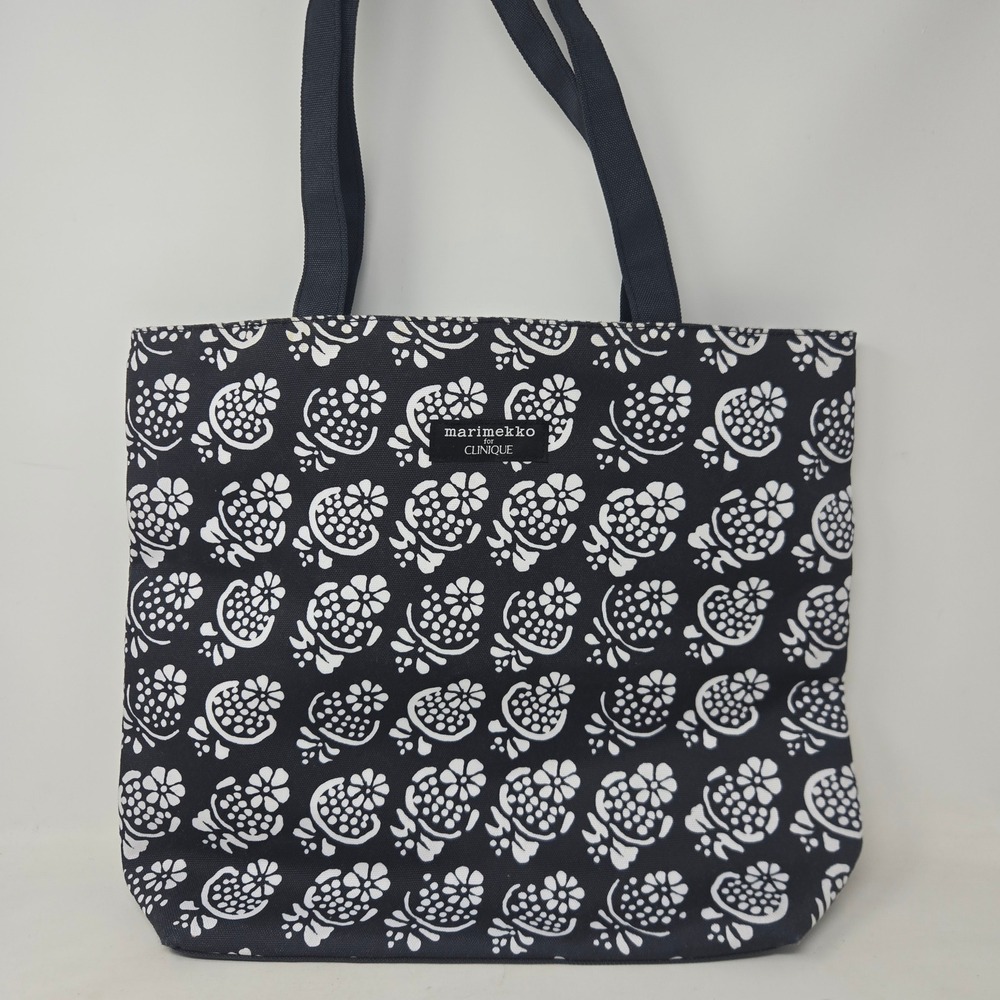 Marimekko‎ for Clinique Canvas Tote Bag Black White Floral Pomegranate Print